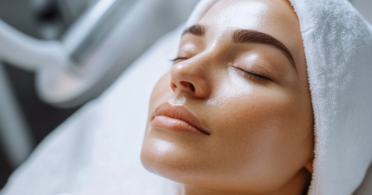 Relaxed woman on a spa bed with glowing skin, wrapped in white towels, showcasing Morpheus8 in Great Neck, NY.